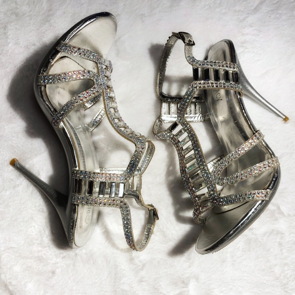 Delicacy Silver Strappy Rhinestone Bling Heels